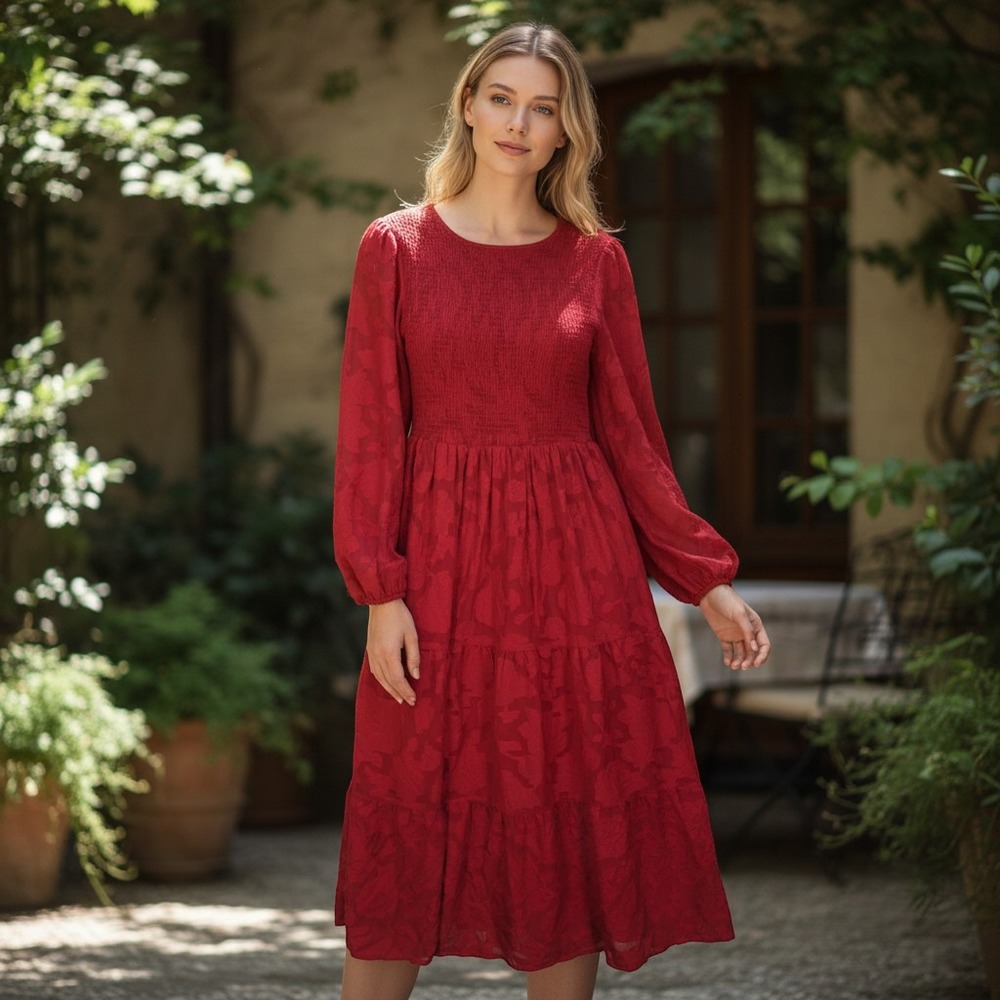Red Dress Boutique Midi Dress Women's M Red Smocked Floral Burnout Tiered Pocket